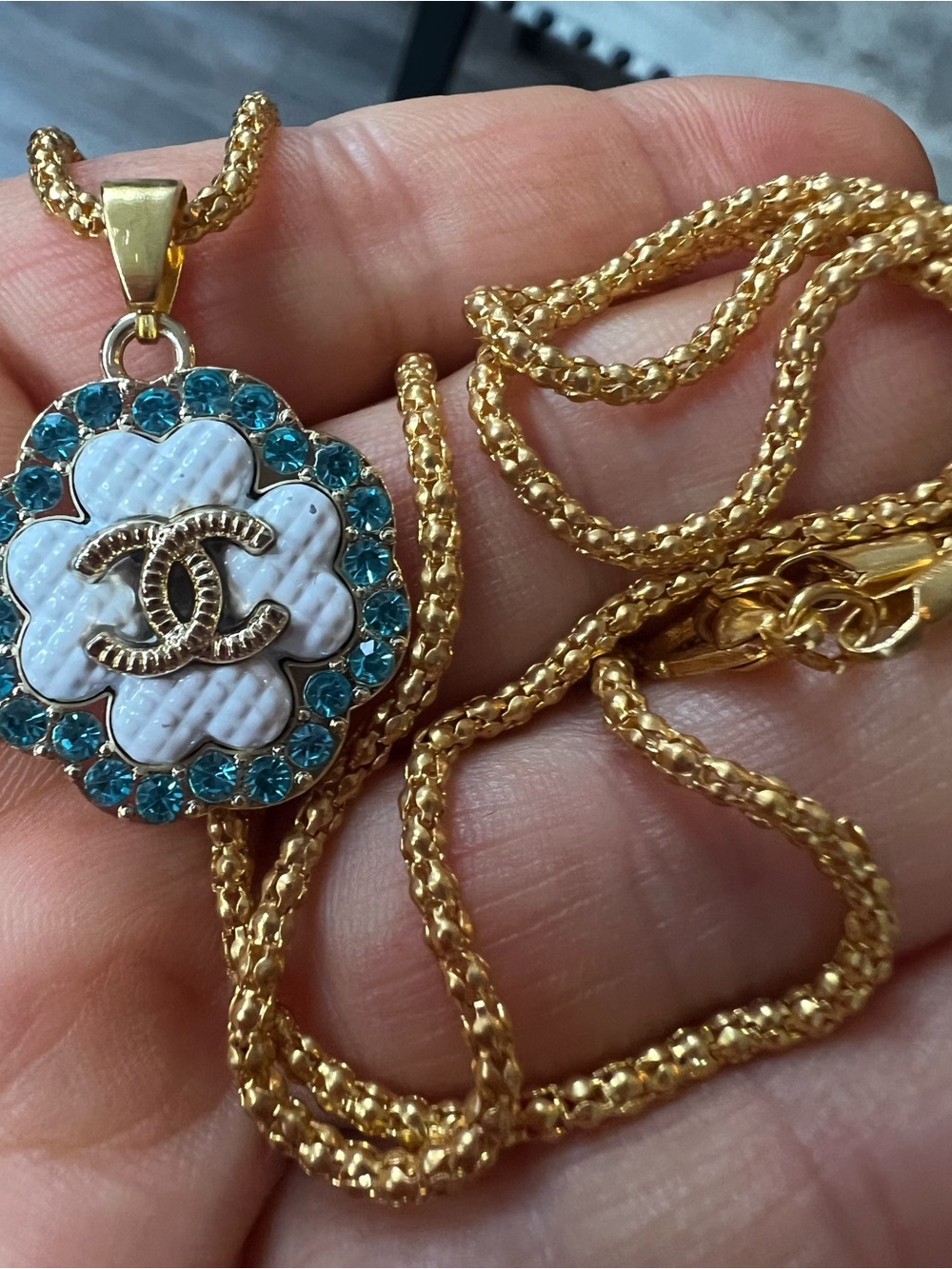 Upcycled Fashion Gold Flower Pendant Necklace with Blue Crystal Accents